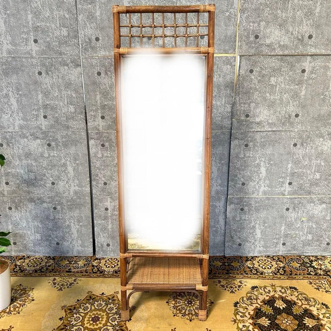 ꧁籐家具꧂ラタン収納付スタンドミラー 全身鏡 姿見 昭和レトロ アジアン