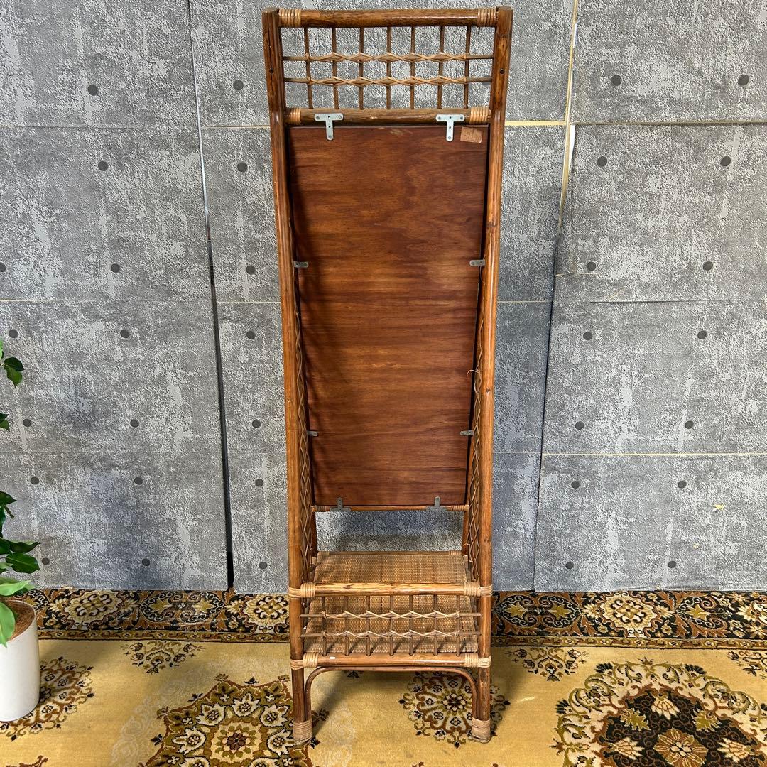 ꧁籐家具꧂ラタン収納付スタンドミラー 全身鏡 姿見 昭和レトロ アジアン