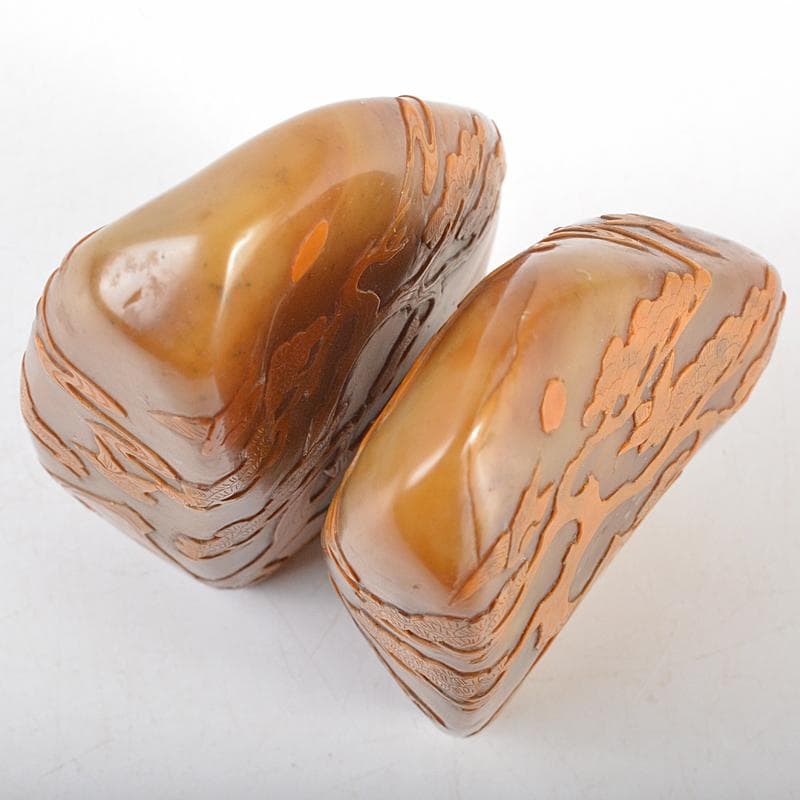 中国　玉石彫刻　山水人物刻　置物　2点　時代箱付　M　R5800