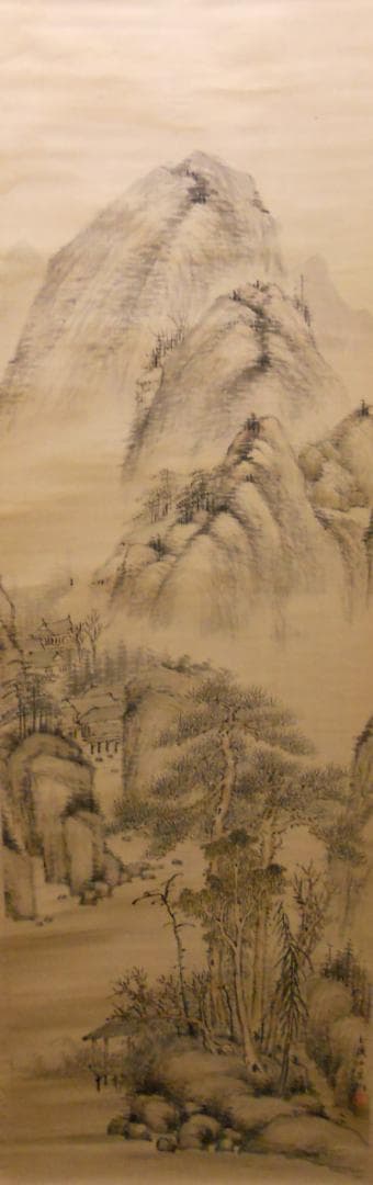 掛け軸 梅田晴山 彩色山水 絹本 希少 軸装 茶道具 掛軸 美品 です。