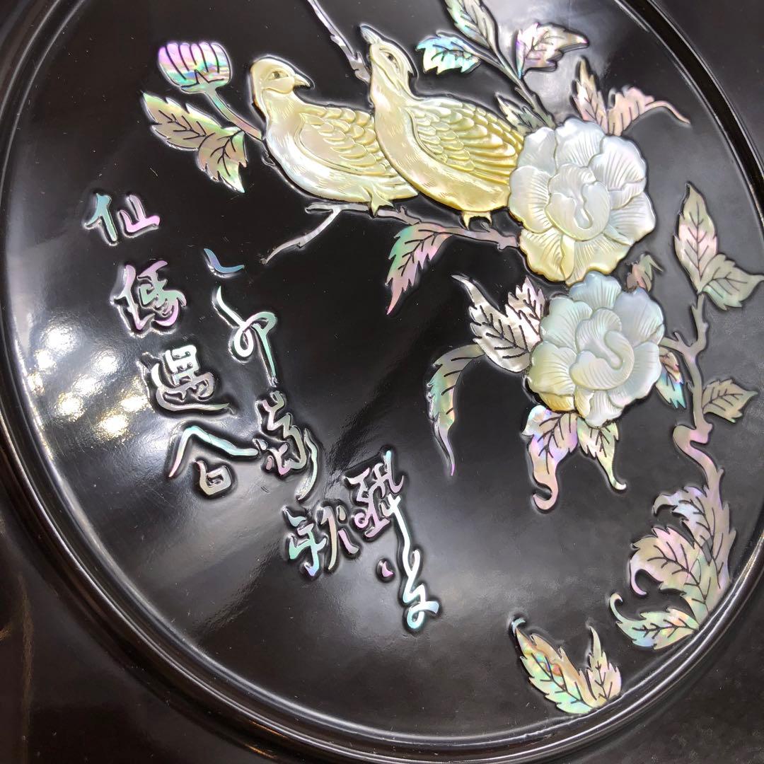 螺鈿細工らでんざいく鳥お花貝殻装飾八角形黒漆器重箱菓子箱23cm伝統