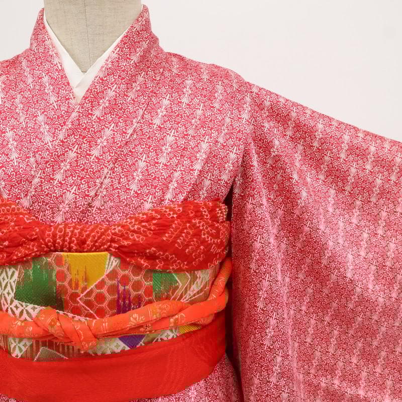 【七五三】5点セット　3歳女児 小花 子供着物帯小物 赤 正絹 8RR3