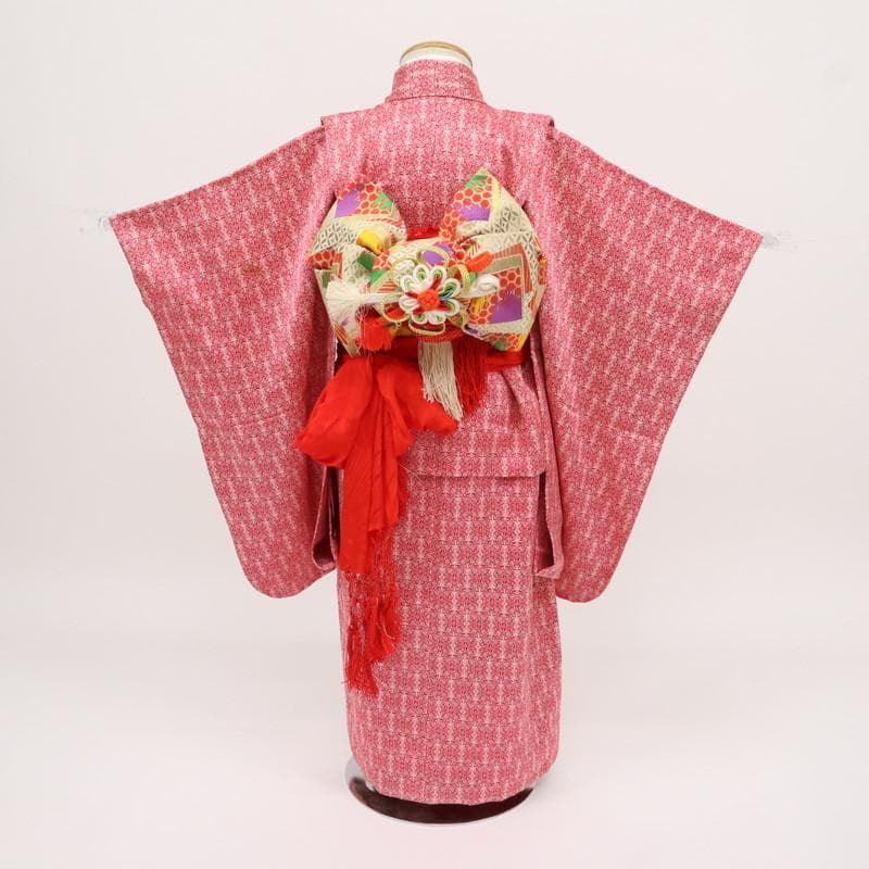 【七五三】5点セット　3歳女児 小花 子供着物帯小物 赤 正絹 8RR3