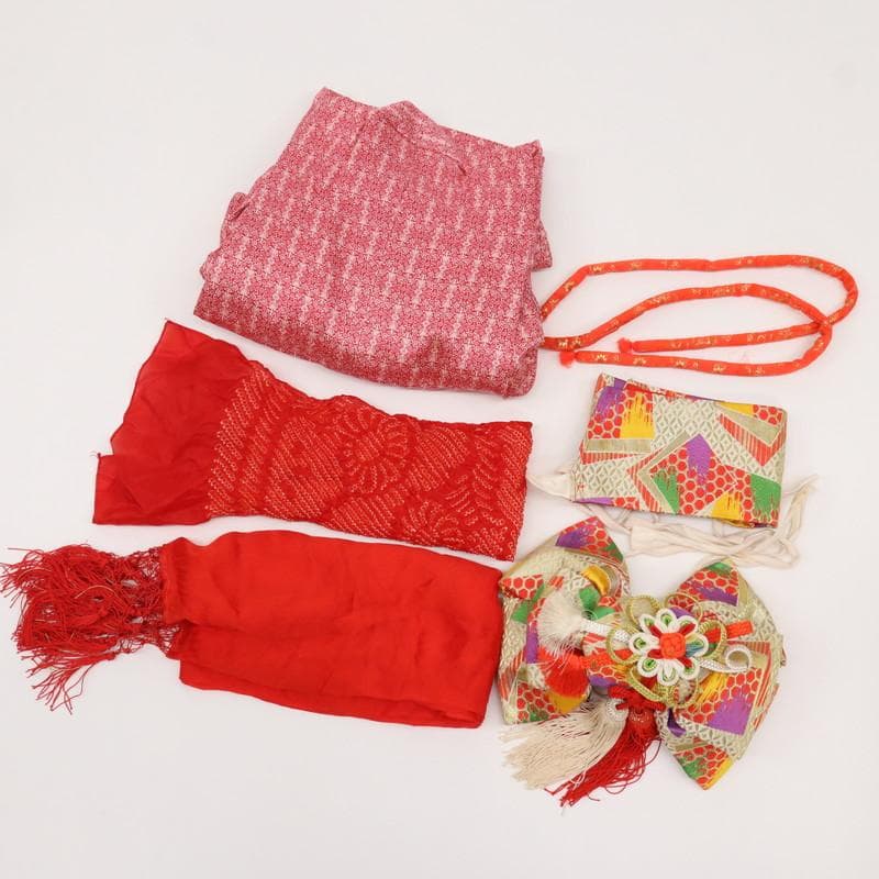 【七五三】5点セット　3歳女児 小花 子供着物帯小物 赤 正絹 8RR3
