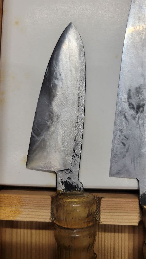 初代正次郎 総火造り 包丁セット 2本 木製ケース付 竹の柄付け