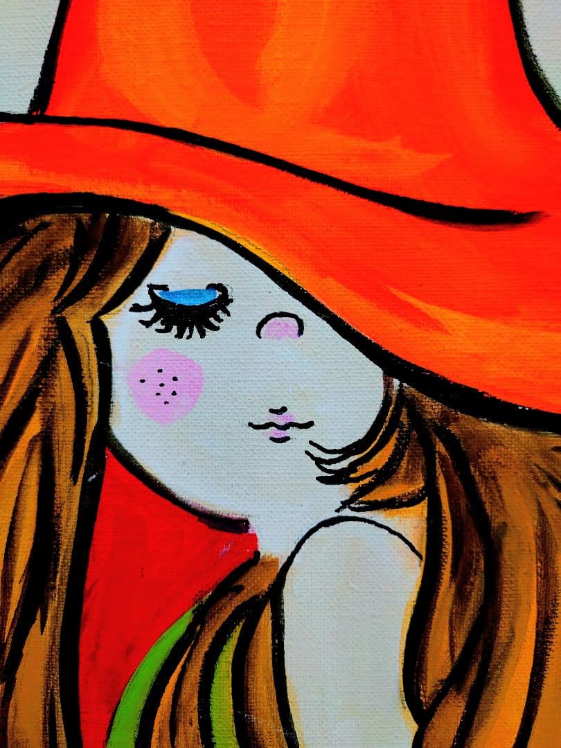 F6号】水森亜土 手描き作品/表裏サイン・裏描き有/油彩/アクリル/額縁