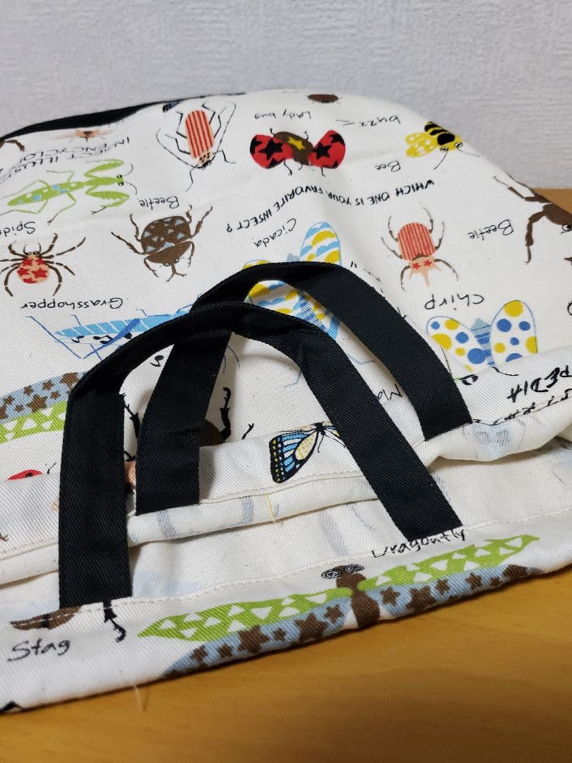 ナップサック 体操服入れ お着替え袋   昆虫図鑑柄×ブラック