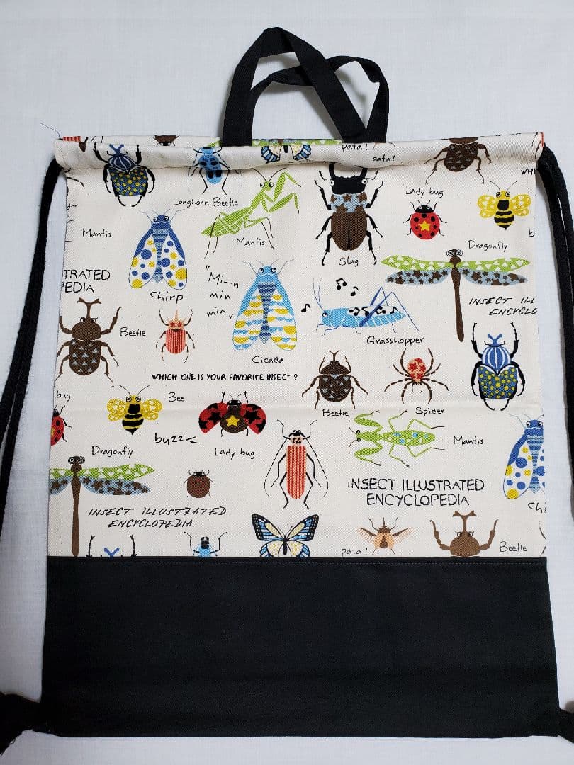 ナップサック 体操服入れ お着替え袋   昆虫図鑑柄×ブラック