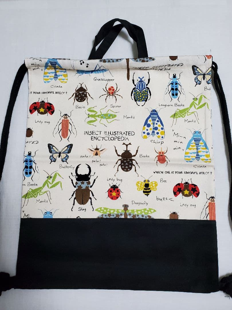 ナップサック 体操服入れ お着替え袋   昆虫図鑑柄×ブラック