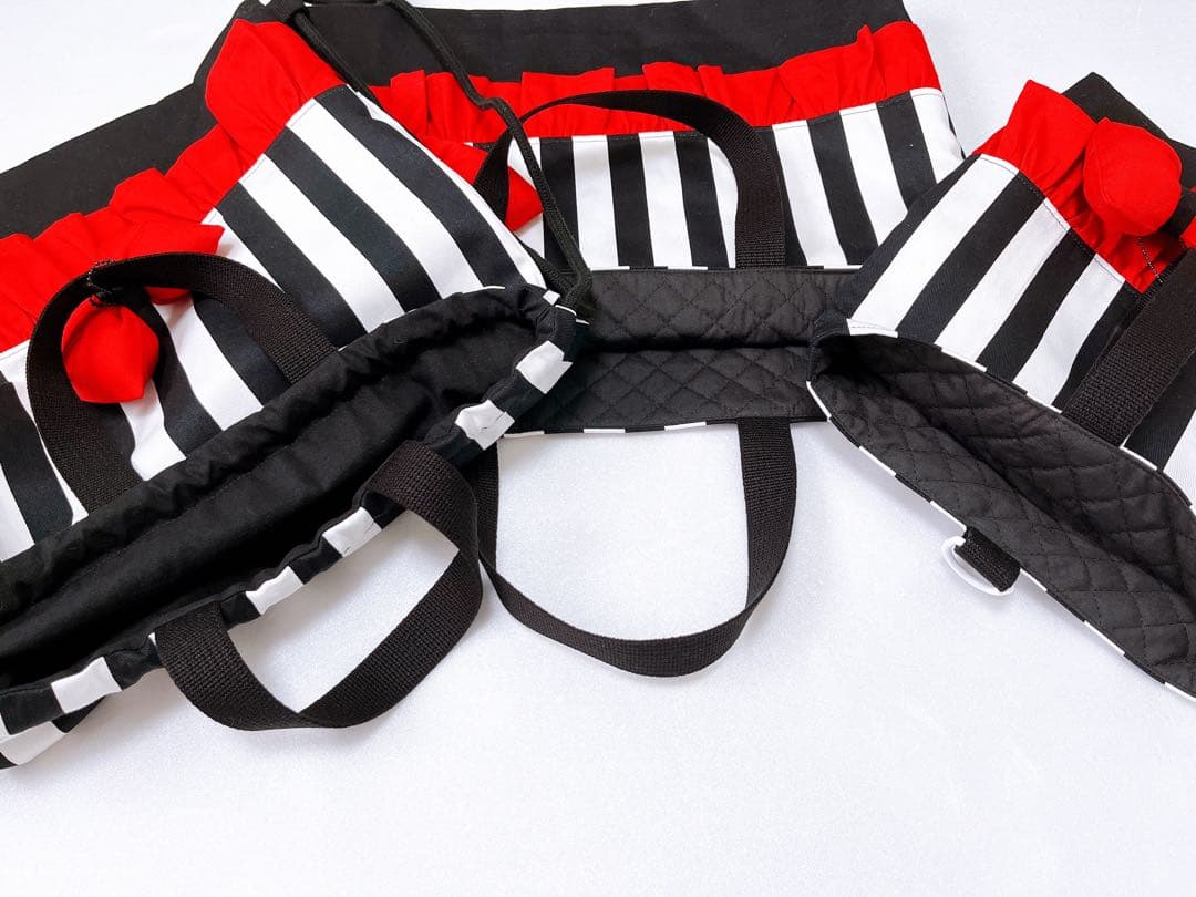 入園入学準備グッズ♡3点セット♡ストライプ✖️ブラック♡赤フリル♡