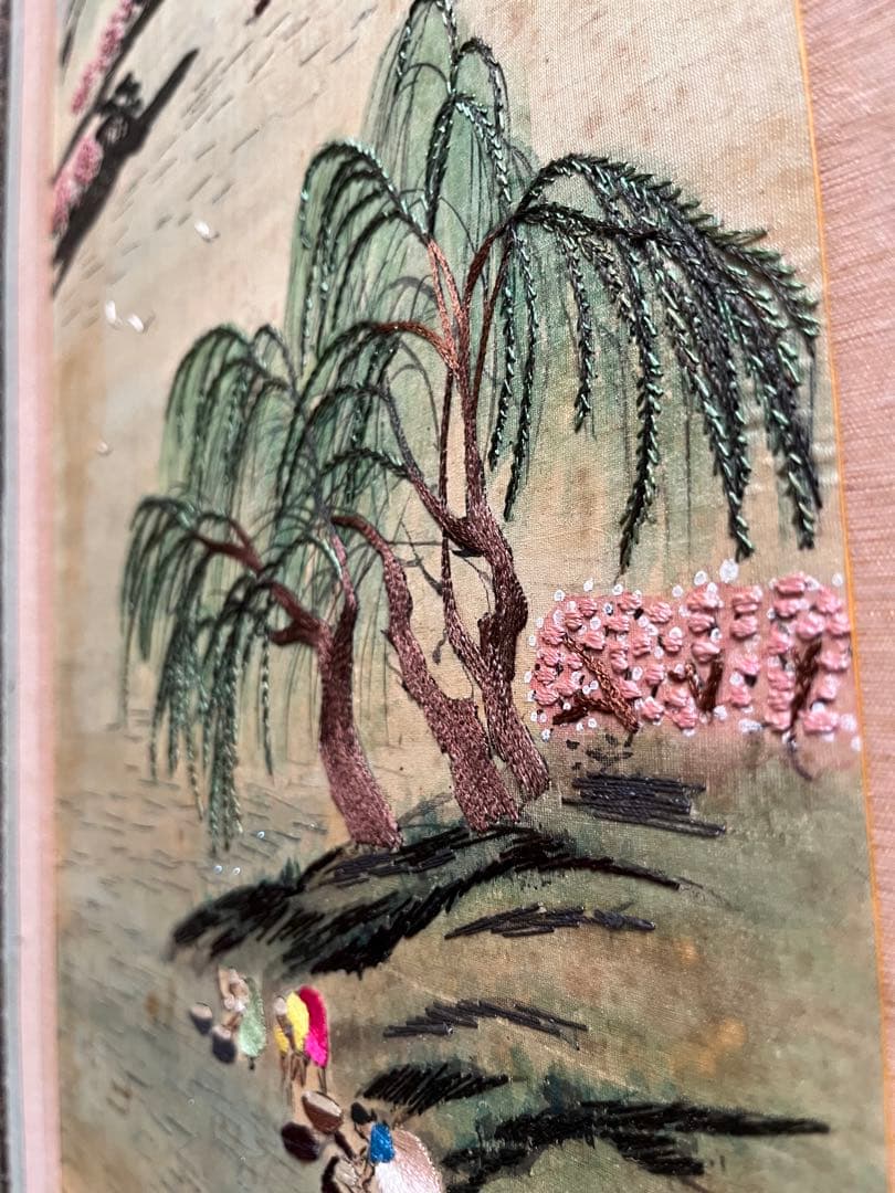 中国屏風 刺繍 雲林山房一修 四季山水 インテリア アンティーク