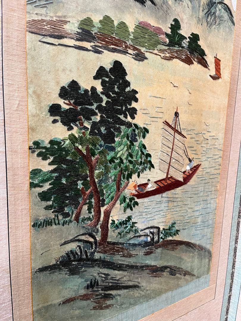 中国屏風 刺繍 雲林山房一修 四季山水 インテリア アンティーク
