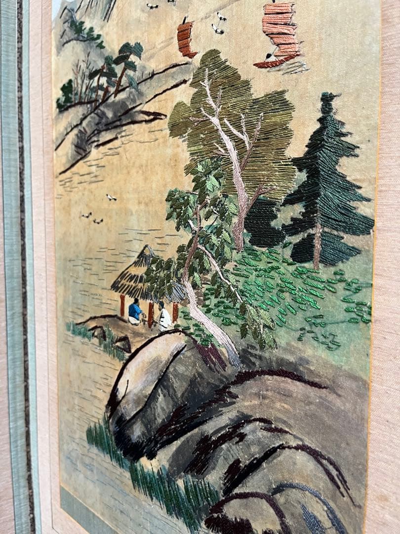 中国屏風 刺繍 雲林山房一修 四季山水 インテリア アンティーク