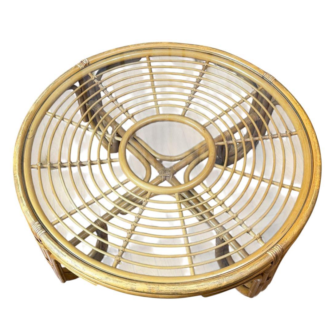 ラタン 籐 ガラステーブル 丸型 ローテーブル アジアン家具