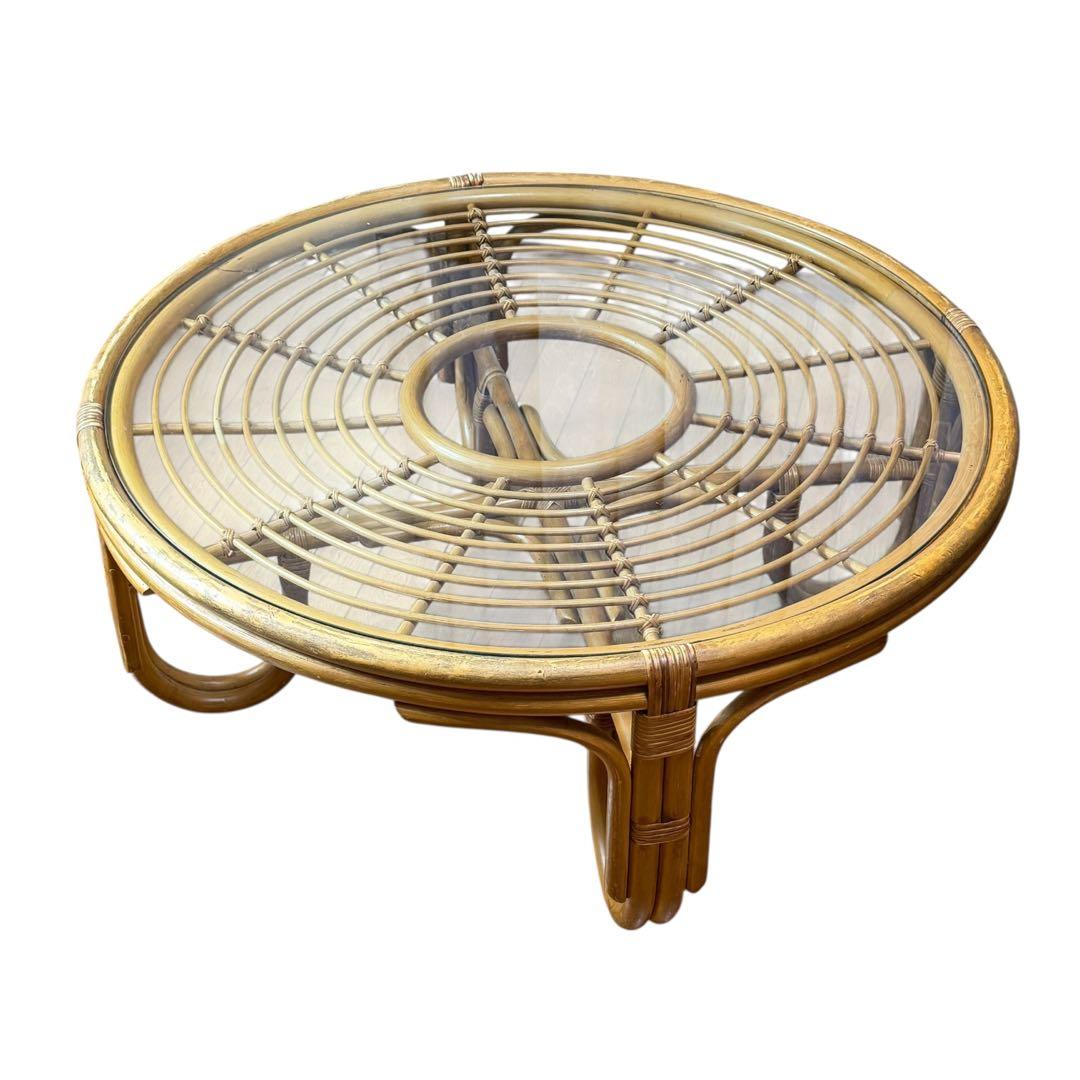 ラタン 籐 ガラステーブル 丸型 ローテーブル アジアン家具