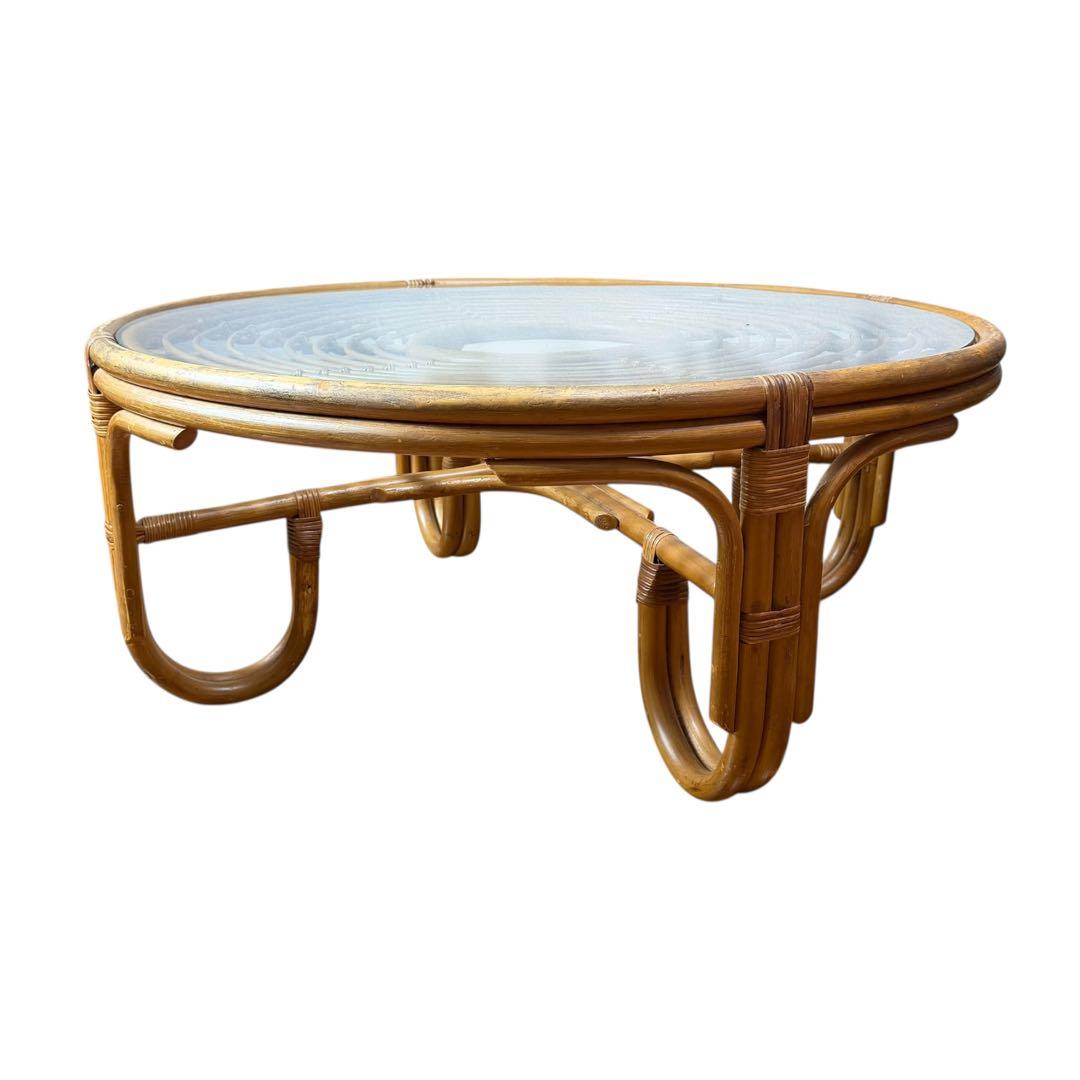 ラタン 籐 ガラステーブル 丸型 ローテーブル アジアン家具