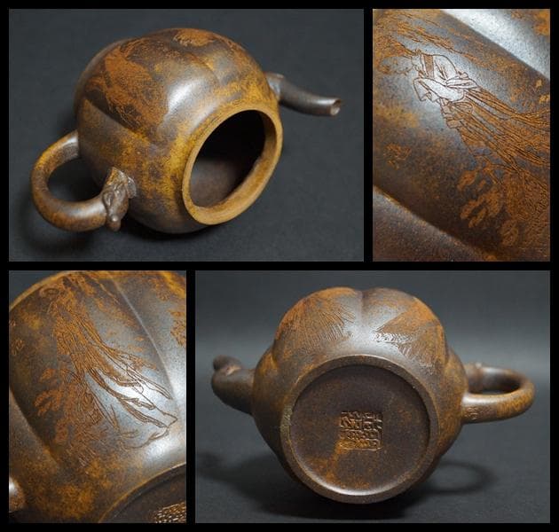 中国宜興紫砂 大型朱泥急須 紫砂細工『美人漢詩図』刻 南瓜形紫砂壺朱