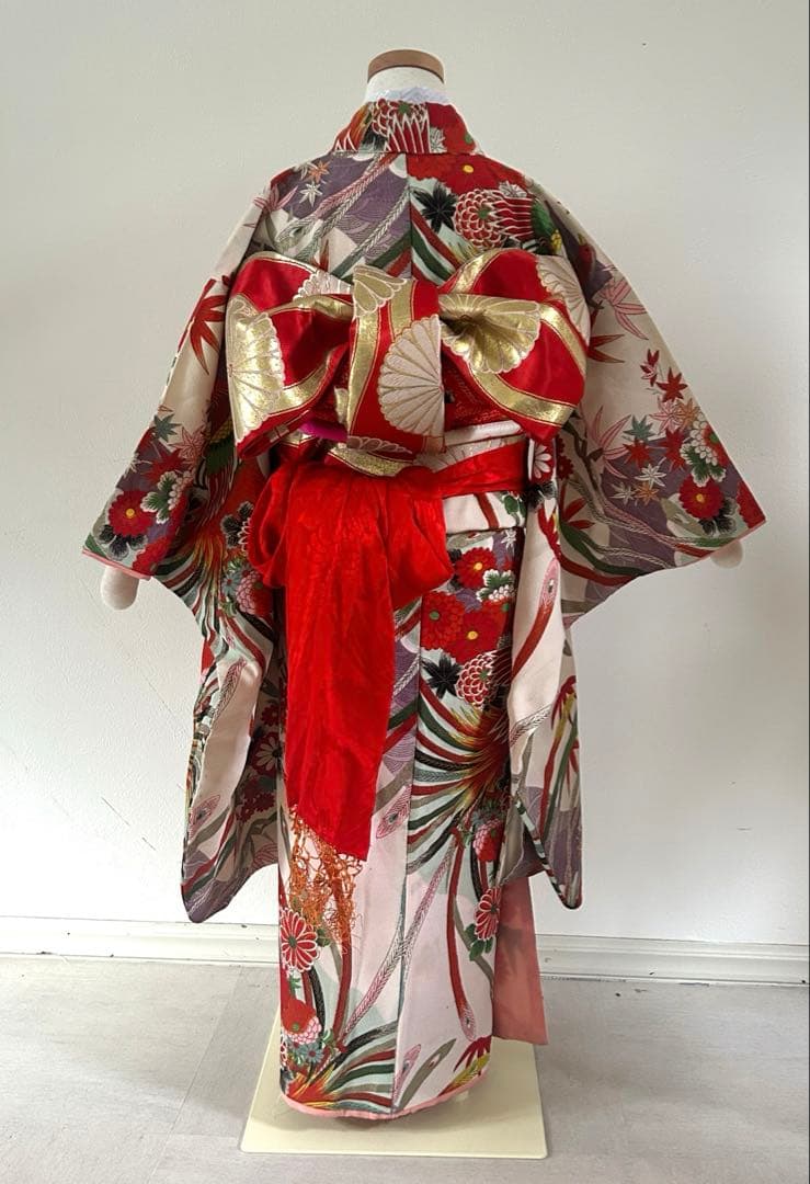 7歳　七五三　アンティーク正絹着物、アンティーク帯、帯揚げ、帯締め　しごきセット