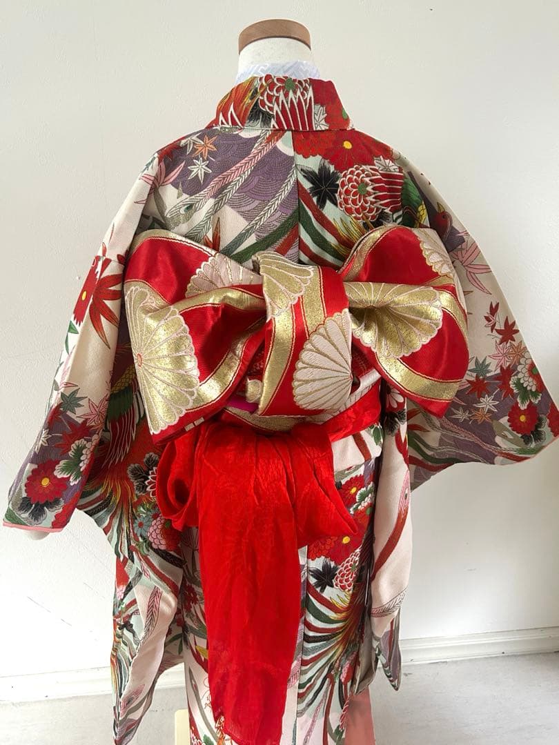 7歳　七五三　アンティーク正絹着物、アンティーク帯、帯揚げ、帯締め　しごきセット