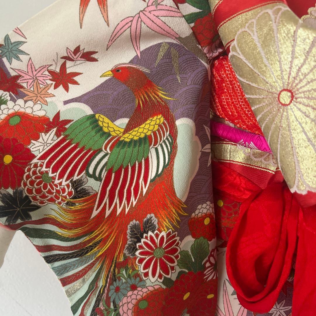 7歳　七五三　アンティーク正絹着物、アンティーク帯、帯揚げ、帯締め　しごきセット