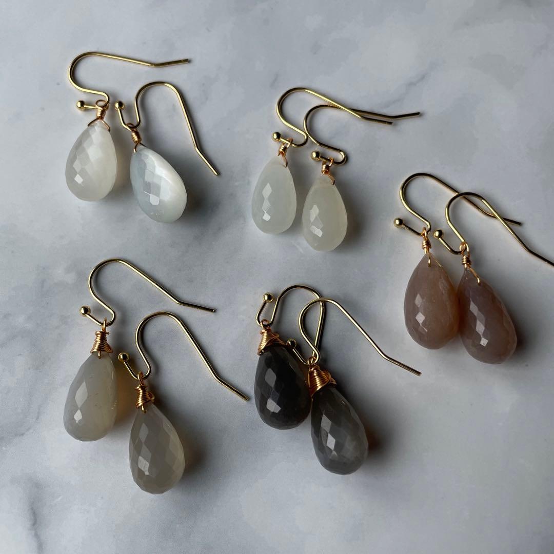 カフェラテブラウン 大粒 ムーンストーン 一粒 ドロップ ピアス