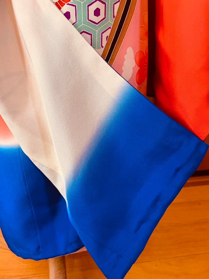 七五三　3歳から5歳の女の子のお支度　正絹手縫い　朱色と藍色のコントラスト