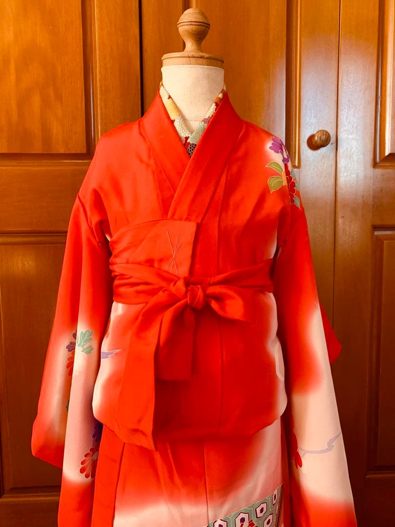 七五三　3歳から5歳の女の子のお支度　正絹手縫い　朱色と藍色のコントラスト