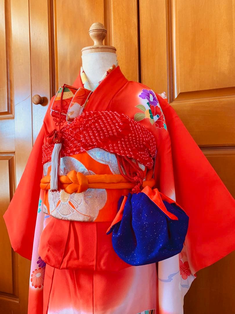 七五三　3歳から5歳の女の子のお支度　正絹手縫い　朱色と藍色のコントラスト