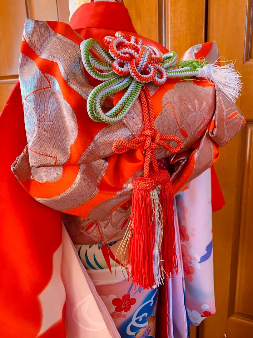 七五三　3歳から5歳の女の子のお支度　正絹手縫い　朱色と藍色のコントラスト
