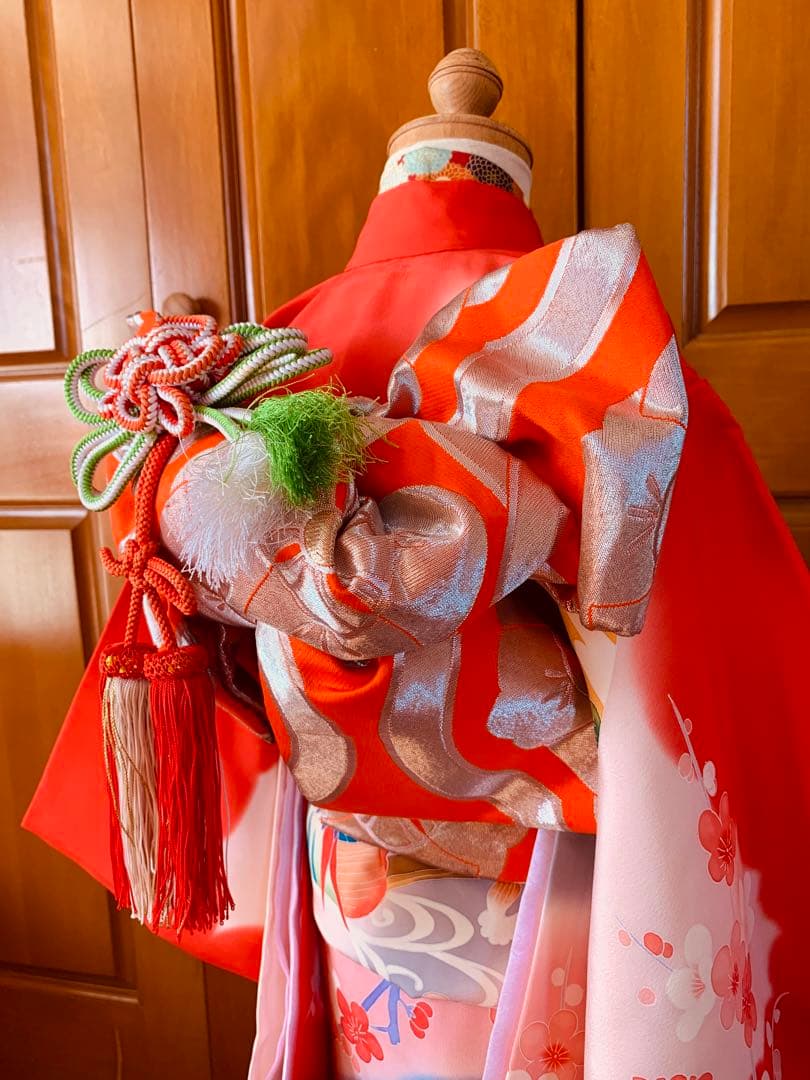 七五三　3歳から5歳の女の子のお支度　正絹手縫い　朱色と藍色のコントラスト
