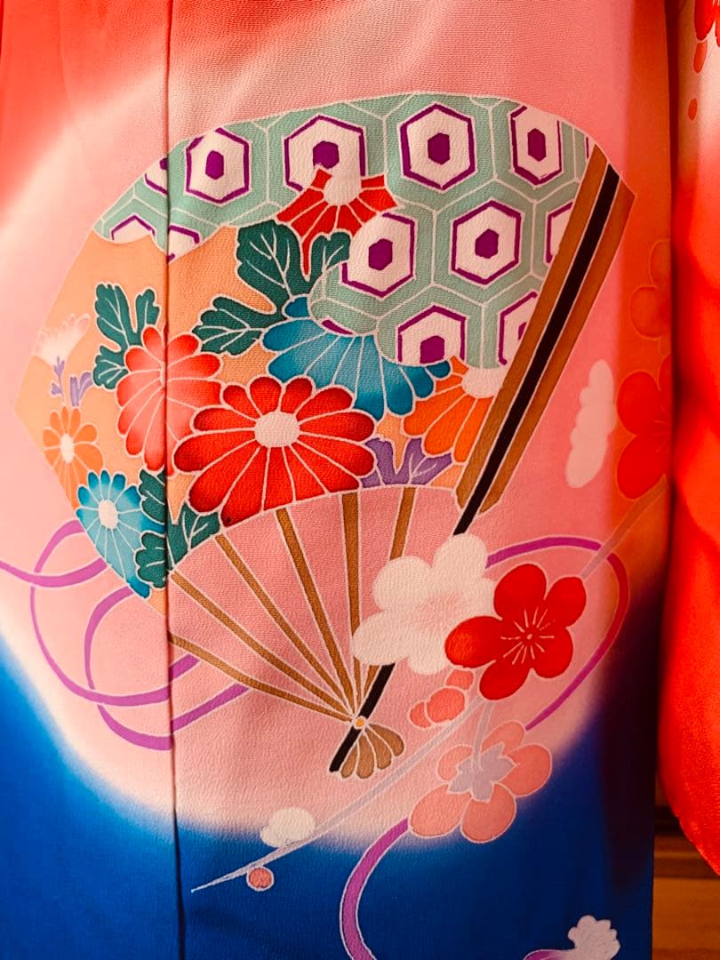 七五三　3歳から5歳の女の子のお支度　正絹手縫い　朱色と藍色のコントラスト