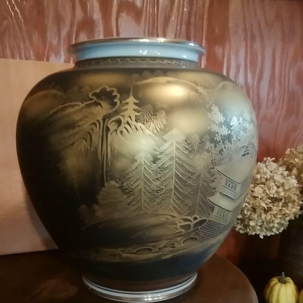 九谷焼花瓶 ダマシン 松ヶ浦正弘 雪山作