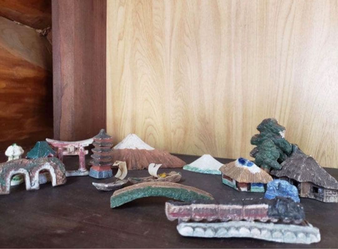 添配セット日本の風景 陶器 ？？置物 18点セット 木箱付きアンティーク