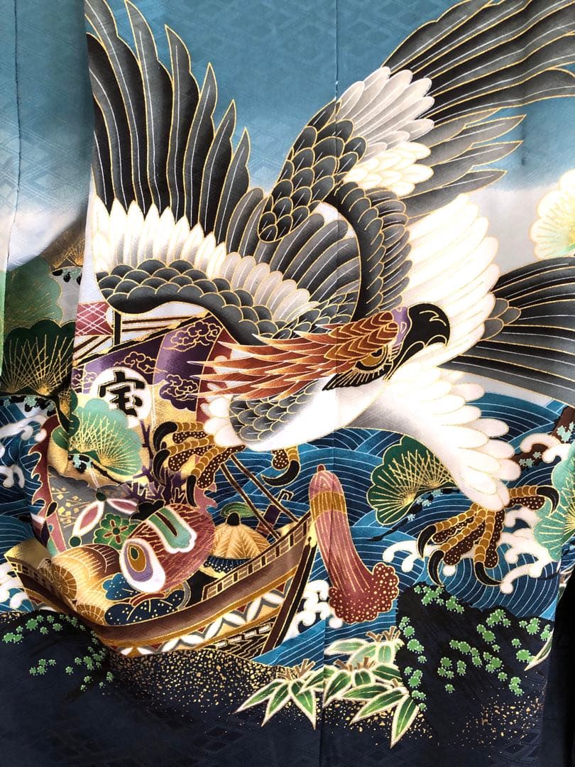 七五三用　伝統着物 羽織 袴 小物 金 黒 鷹 松