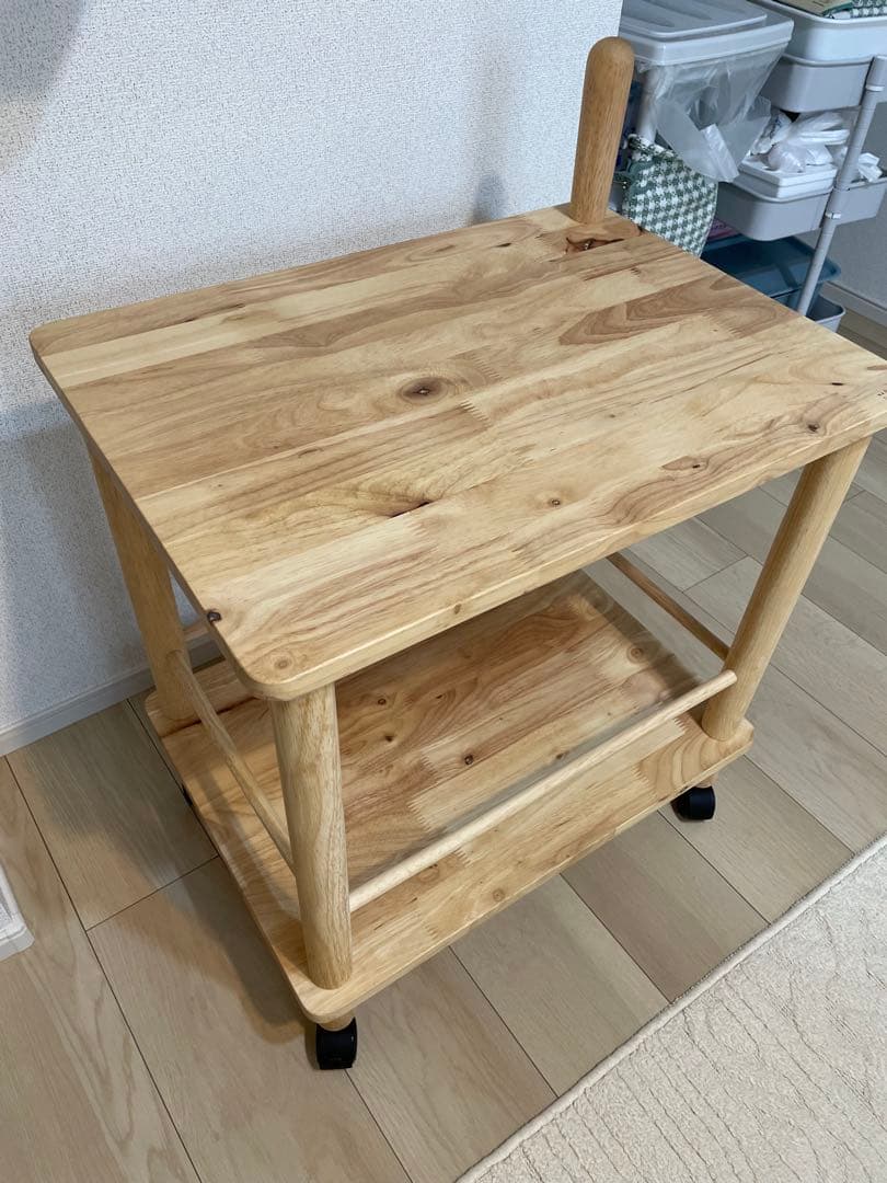 木製サイドテーブル 2段棚 キャスター付き