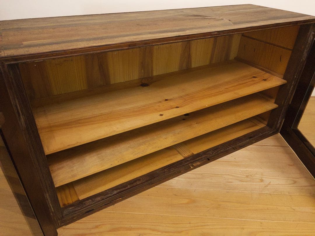 ガラス棚 ローボード 無垢材 M074 古道具 古家具 ビンテージ