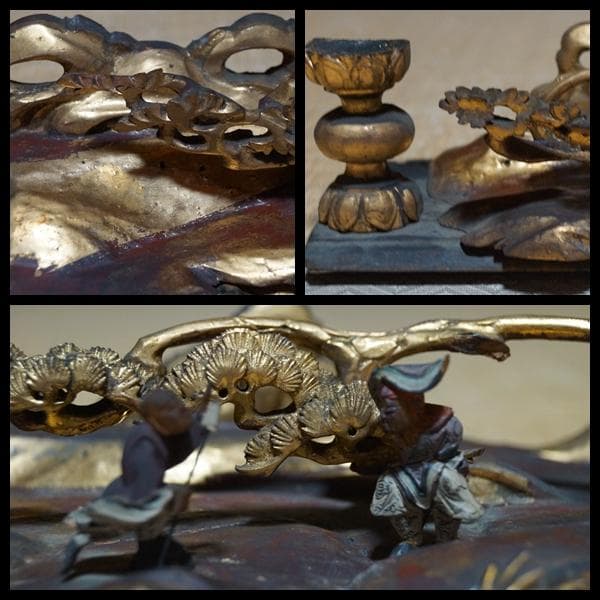 江戸末期一刀彫り高浮彫『渓流龍人物風景図』 木造彩漆金箔張る