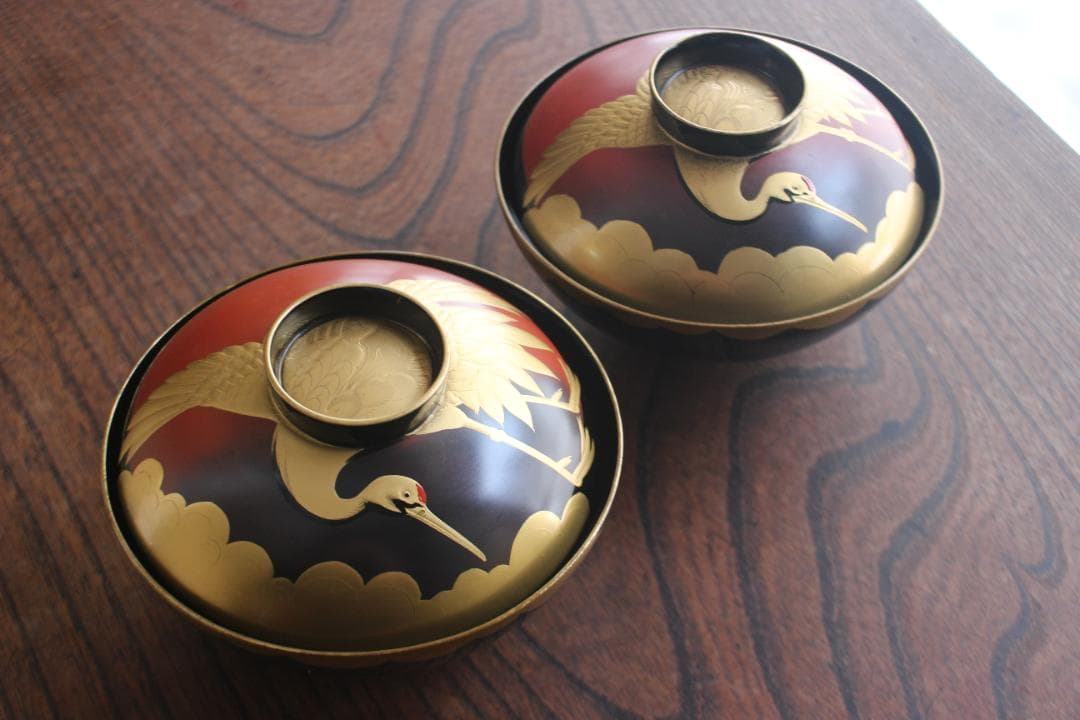 時代逸品！時代金縁黒漆に極上日の出鶴蒔絵の映えるお椀2点（検輪島塗蒔絵椀雑煮椀