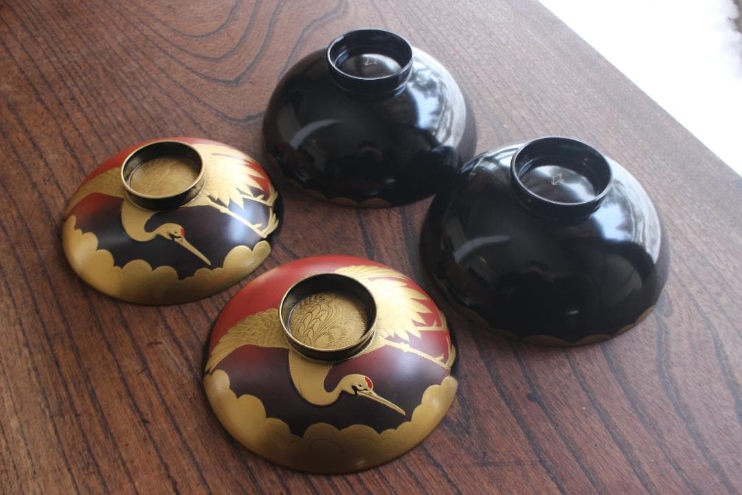 時代逸品！時代金縁黒漆に極上日の出鶴蒔絵の映えるお椀2点（検輪島塗蒔絵椀雑煮椀