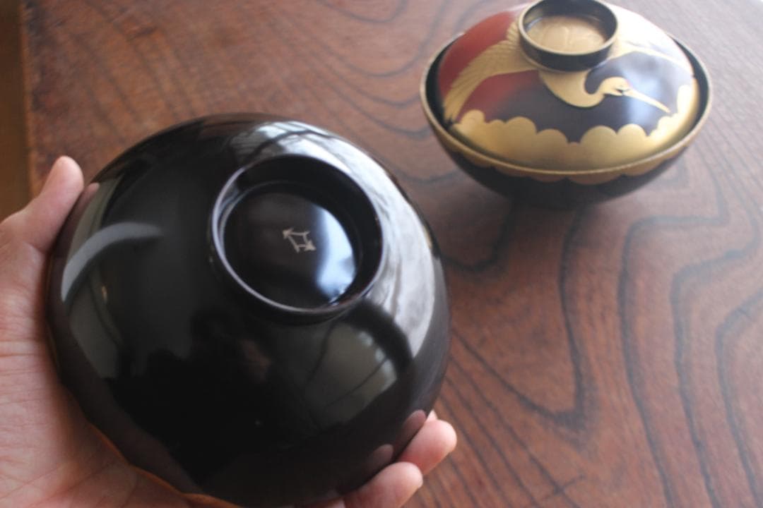 時代逸品！時代金縁黒漆に極上日の出鶴蒔絵の映えるお椀2点（検輪島塗蒔絵椀雑煮椀