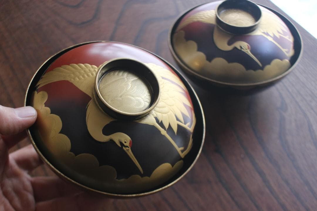 時代逸品！時代金縁黒漆に極上日の出鶴蒔絵の映えるお椀2点（検輪島塗蒔絵椀雑煮椀