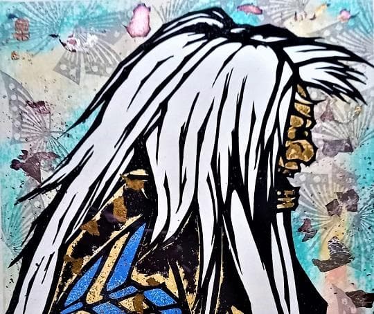 木村政夫　金銀箔と他彩色の木版画　タイトル「獅子」　サイン・落款あり