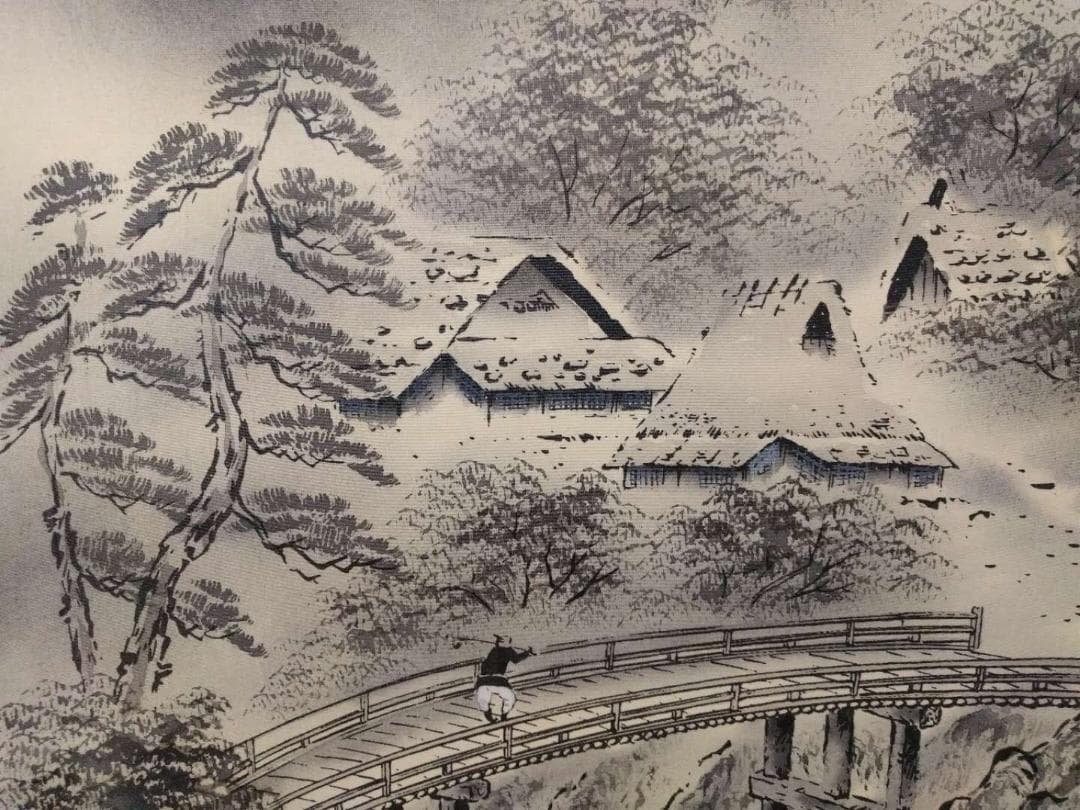 掛軸 秀峰『水墨山水図』日本画 絹本 肉筆 共箱付 良好品 掛け軸