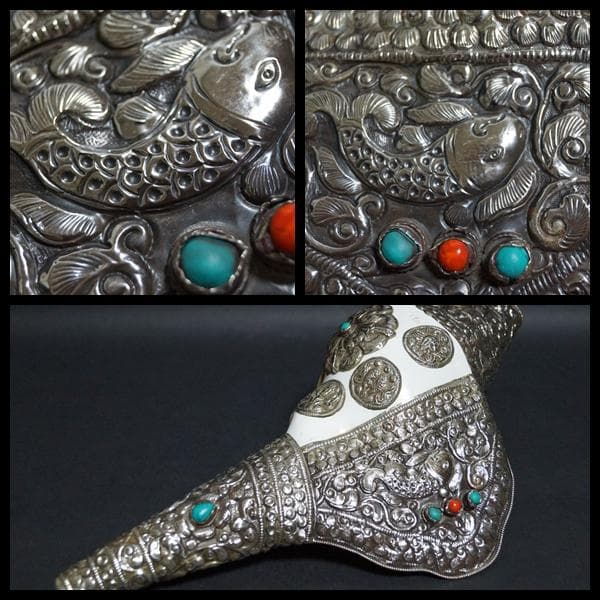 オールドチベット法具大型左巻法螺貝純銀巻きターコイズコーラル象嵌