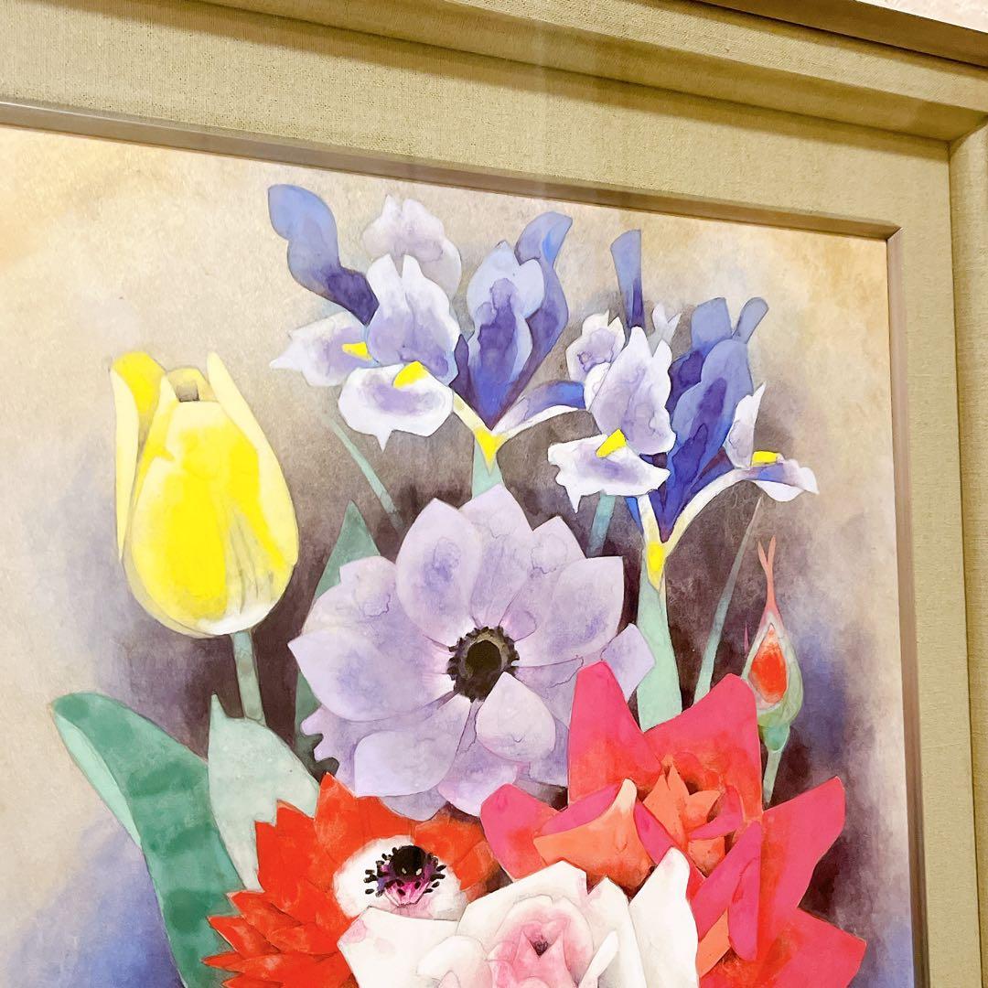 肉筆 落款印有【共シール有・真作保証】F10号 小川立夫 『春の花』額装