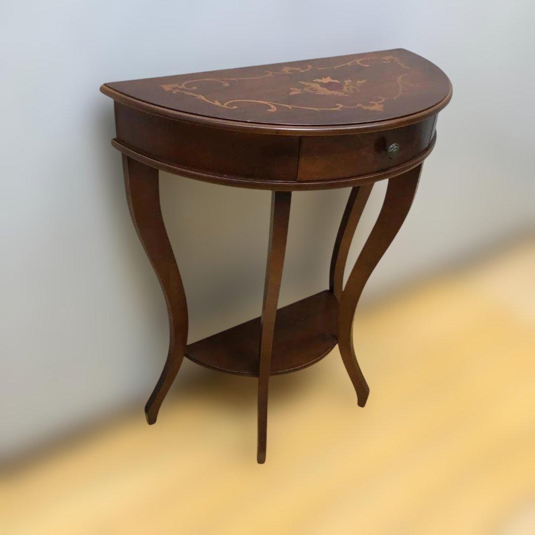 送料無料 クラシック調 半円コンソールテーブル 象嵌風 引き出し付 251127