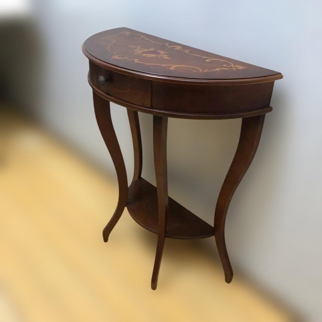 送料無料 クラシック調 半円コンソールテーブル 象嵌風 引き出し付 251127