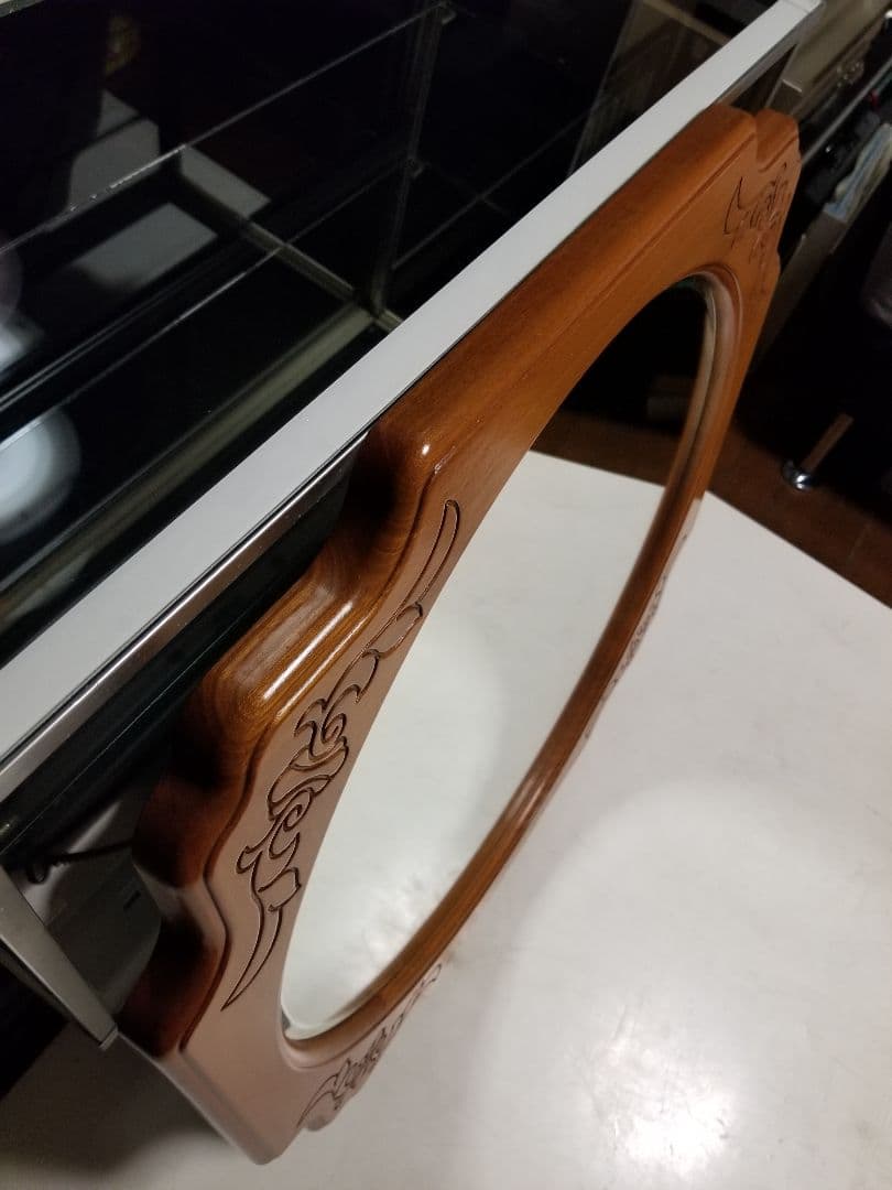 大塚家具　希少材　チェリー　無垢　柄彫り　円形　ウォール　ミラー　壁掛け鏡　姿見