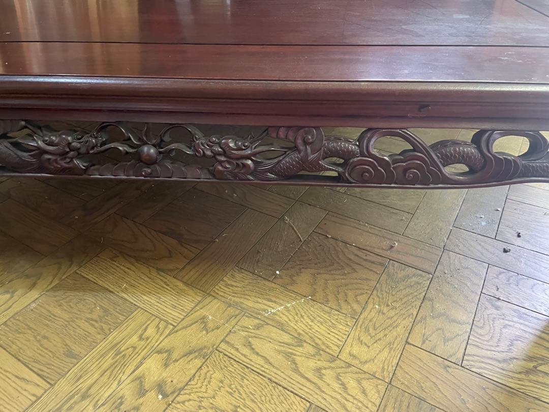高級唐木　獅子龍彫刻付き漆仕上げ長座卓　150センチ幅テーブル一枚板　座卓