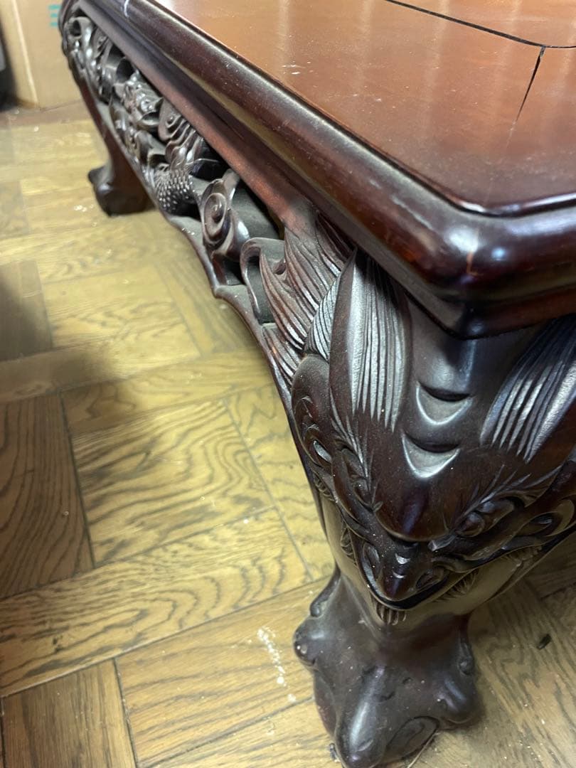 高級唐木　獅子龍彫刻付き漆仕上げ長座卓　150センチ幅テーブル一枚板　座卓